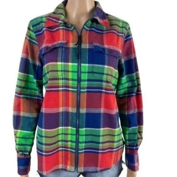 Chaps Denim Full Zip colorful Plaid Flannel Long Sleeve Shirt size medium - Picture 1 of 10